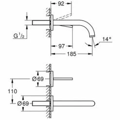 GROHE 2-Loch-Waschtischbatterie Atrio 19287_3, Wandmontage, Fertigmontageset Für 23 429, Ausladung 185 Mm, Ausladung 185 Mm, Cool Sunrise -GROHE Geschäft 26564848 2
