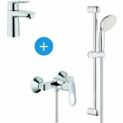 Grohe BauLoop Brausebatterie-Set + Brausestange Mit 2-Strahl-Handbrause + Waschtischbatterie, Chrom (23337000 & 23340000)