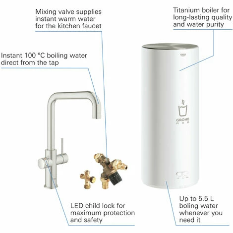 Grohe Red Kochendwasserhahn mit U-Auslauf und Kombikessel Supersteel Grohe Red Kochendwasserhahn Mit U-Auslauf Und Kombikessel Supersteel -GROHE Geschäft 69466483 2